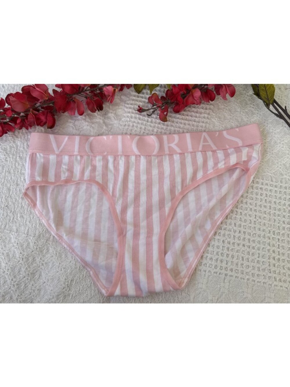VICTORIA'S SECRET M PINK WHITE STRIPE COTTON HIPHUGGER HIPSTER PANTIES NWT